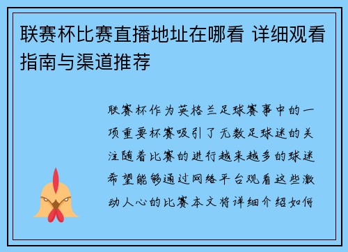 联赛杯比赛直播地址在哪看 详细观看指南与渠道推荐