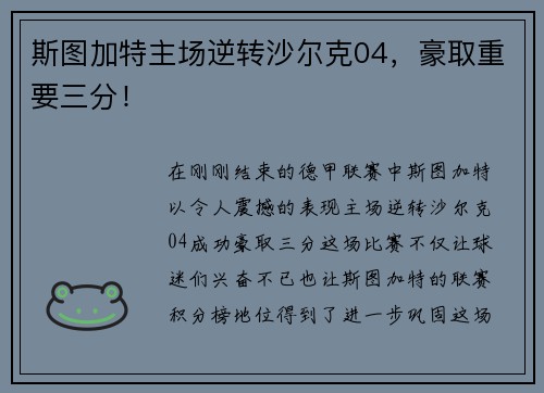 斯图加特主场逆转沙尔克04，豪取重要三分！