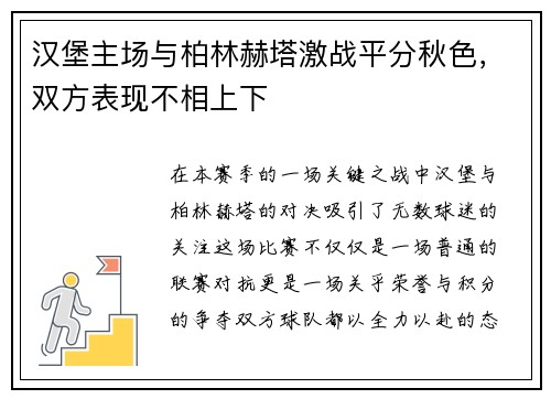 汉堡主场与柏林赫塔激战平分秋色，双方表现不相上下